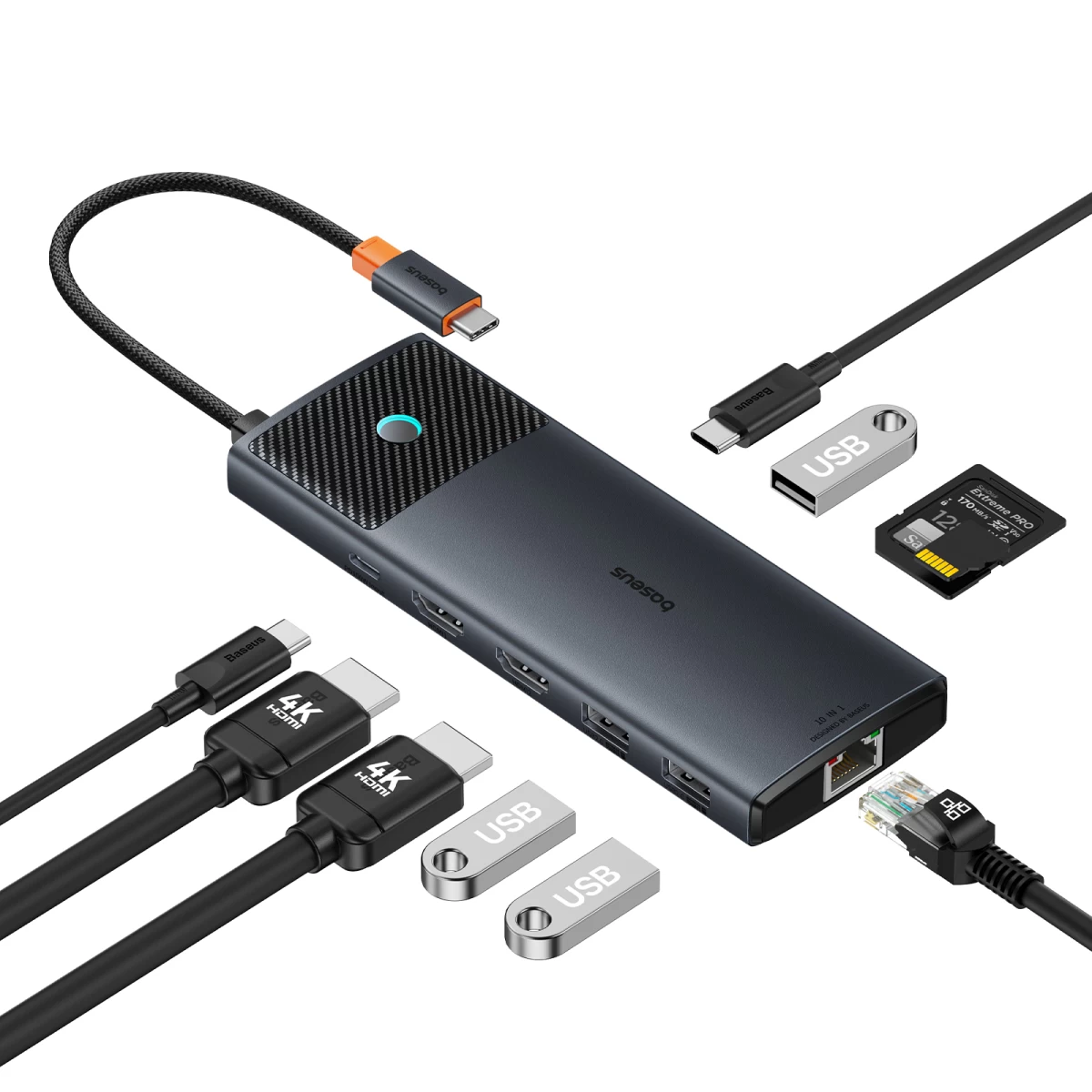 10in1 Hub Adapteris Usb-c į Usb-c Pd / 3x Usb-a / 2x Hdmi / Rj-45 / Sd / Tf Juodas 10in1 Hub Adapteris Usb-c į Usb-c Pd / 3x Usb-a / 2x Hdmi / Rj-45 / Sd / Tf Juodas