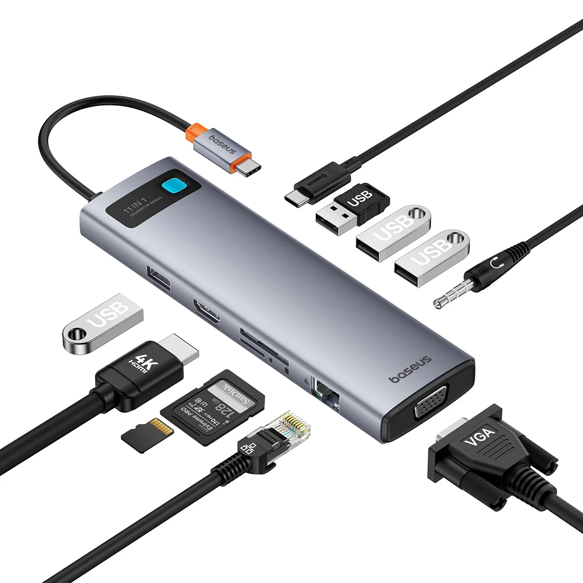 11in1 Hub Adapteris Usb-c į Usb-c Pd 4x Usb Hdmi Vga Aux Rj45 Sd Tf Pilkas 11in1 Hub Adapteris Usb-c į Usb-c Pd 4x Usb Hdmi Vga Aux Rj45 Sd Tf Pilkas