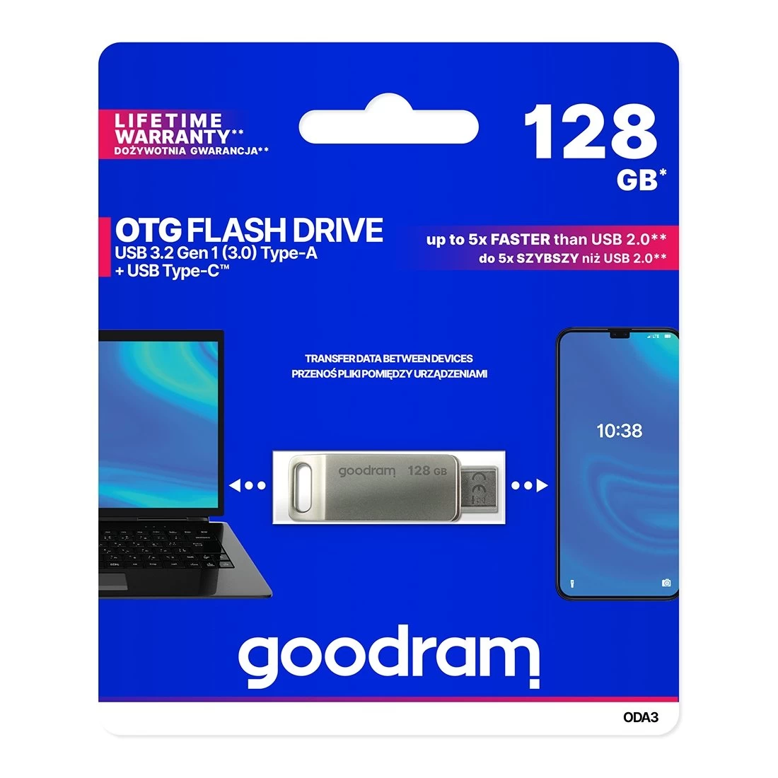 128 Gb Dviguba Usb 3.2 + Usb-c Otg Oda3 Sidabrinė