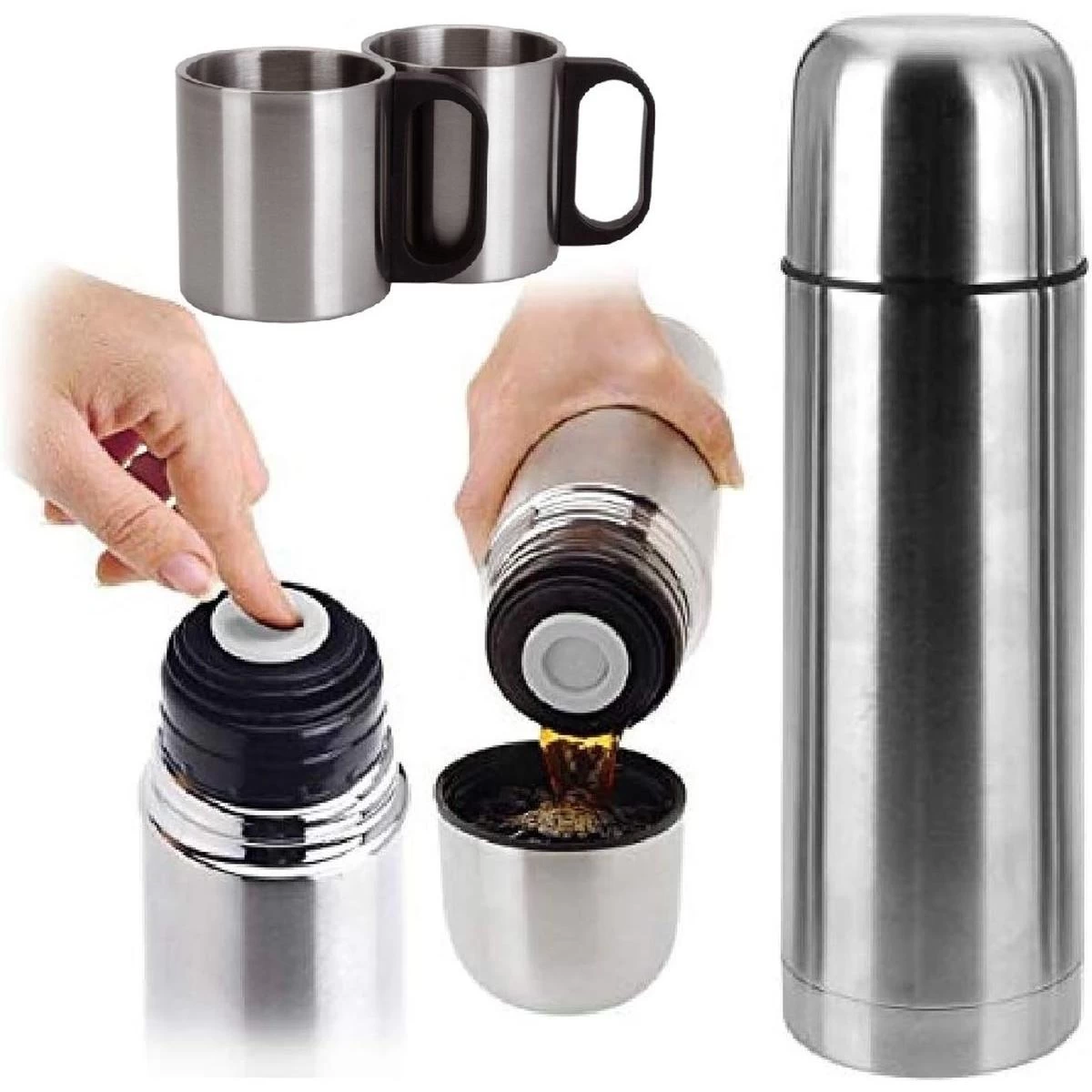 Kelioninis Termosas 1000 Ml Su 2 Puodeliais Sidabrinis