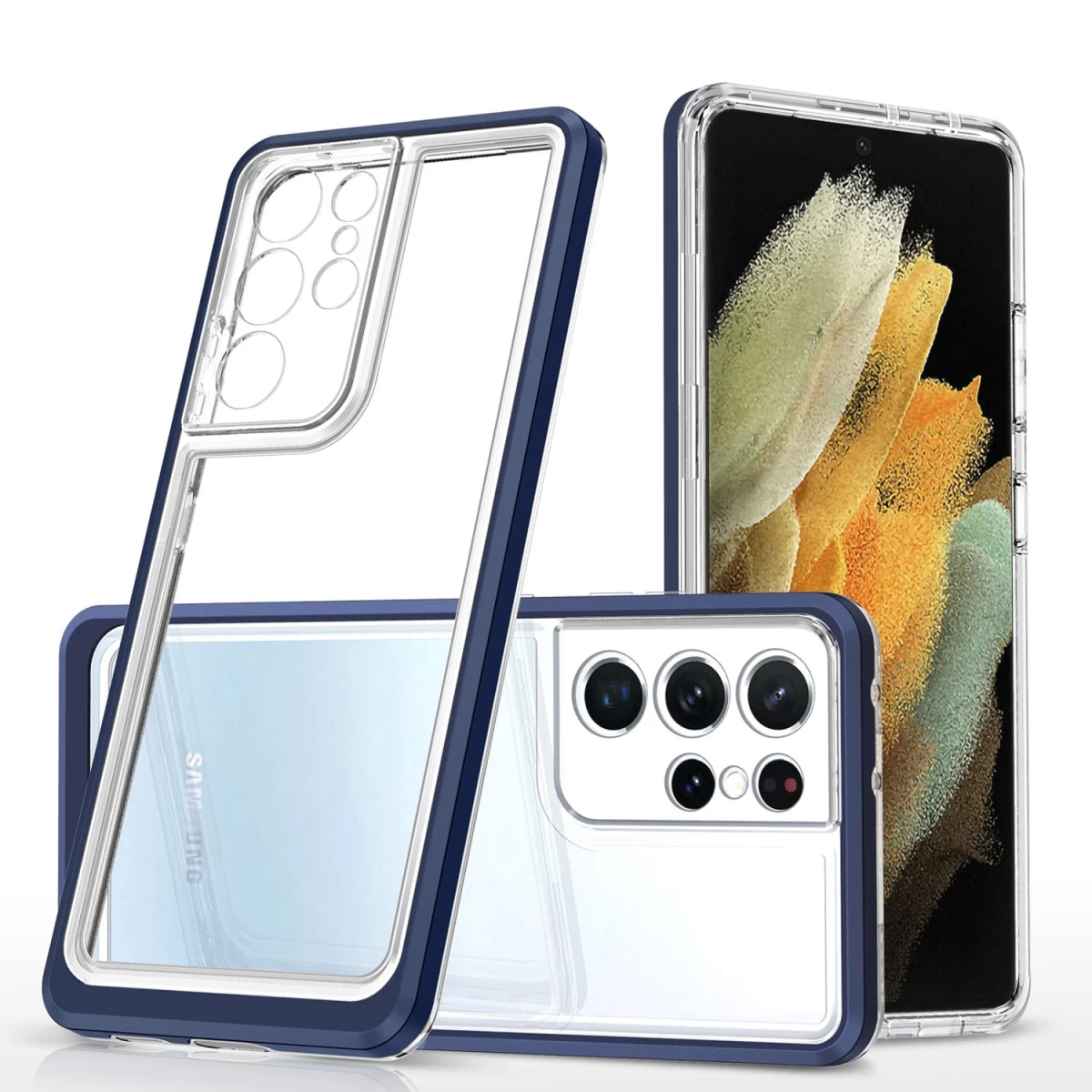 Skaidrus 3in1 Dėklas Samsung Galaxy S23 Ultra Silikoninis Dangtelis Su Mėlynu Rėmeliu