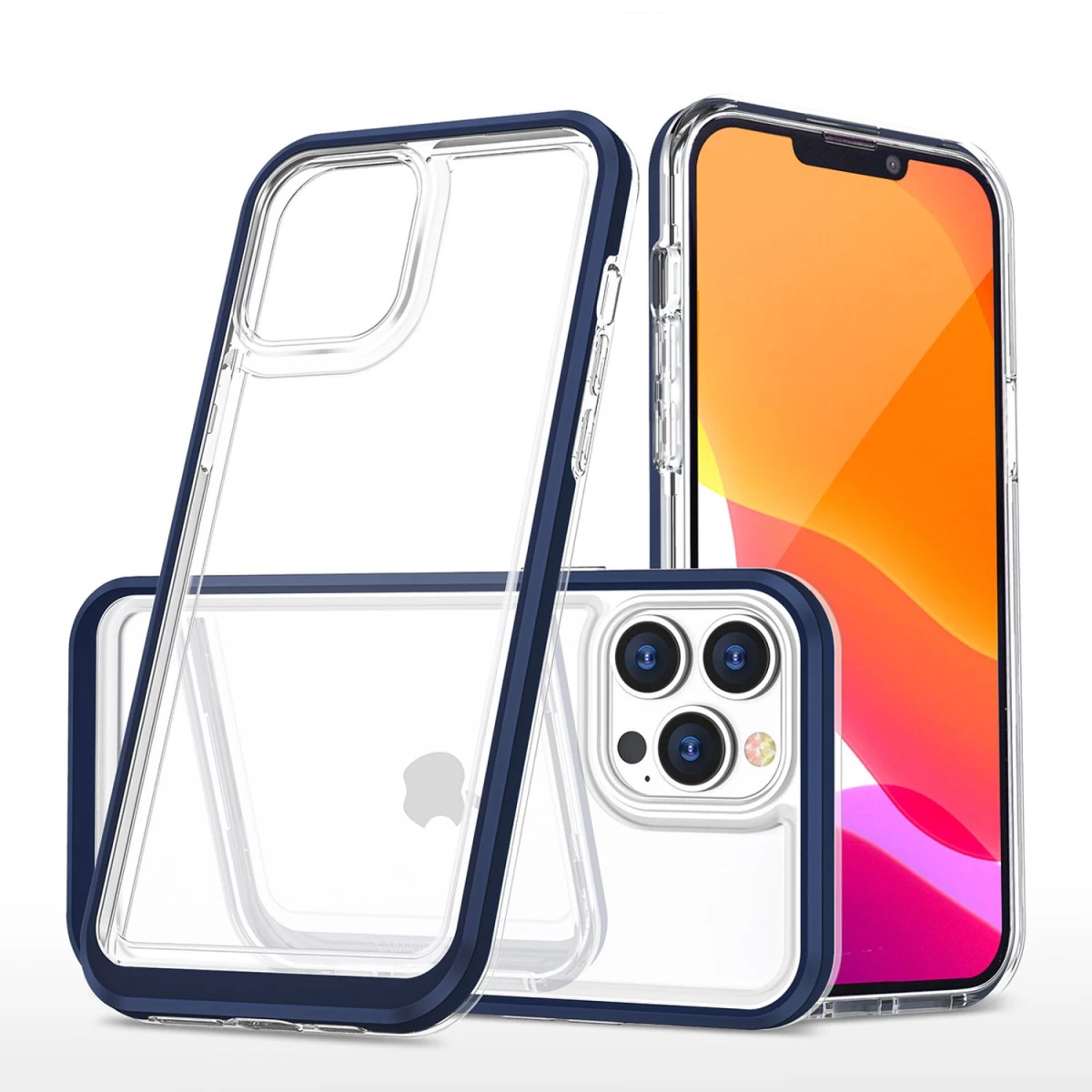 Skaidrus 3in1 Iphone 14 Pro Max Korpuso Silikoninis Dangtelis Su Mėlynu Rėmeliu