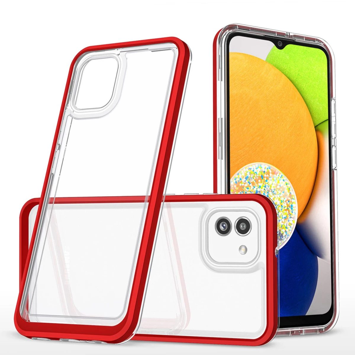 Skaidrus 3in1 Samsung Galaxy A03 Silikoninis Dėklas Su Rėmeliu Raudonos Spalvos