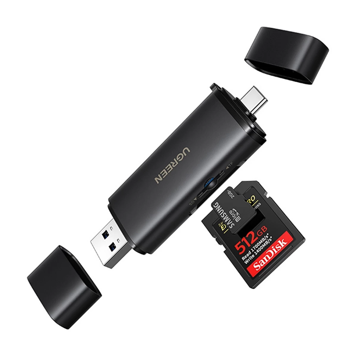 2-in-1 Sd Microsd Usb-c Usb-a Uhs-ii Atminties Kortelių Skaitytuvas - Juodas