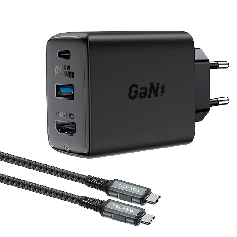 2-in-1 Usb-c Tinklo įkroviklis Su Usb-c Kabeliu + Usb-c į Hdmi 4k Adapteris, Juodas
