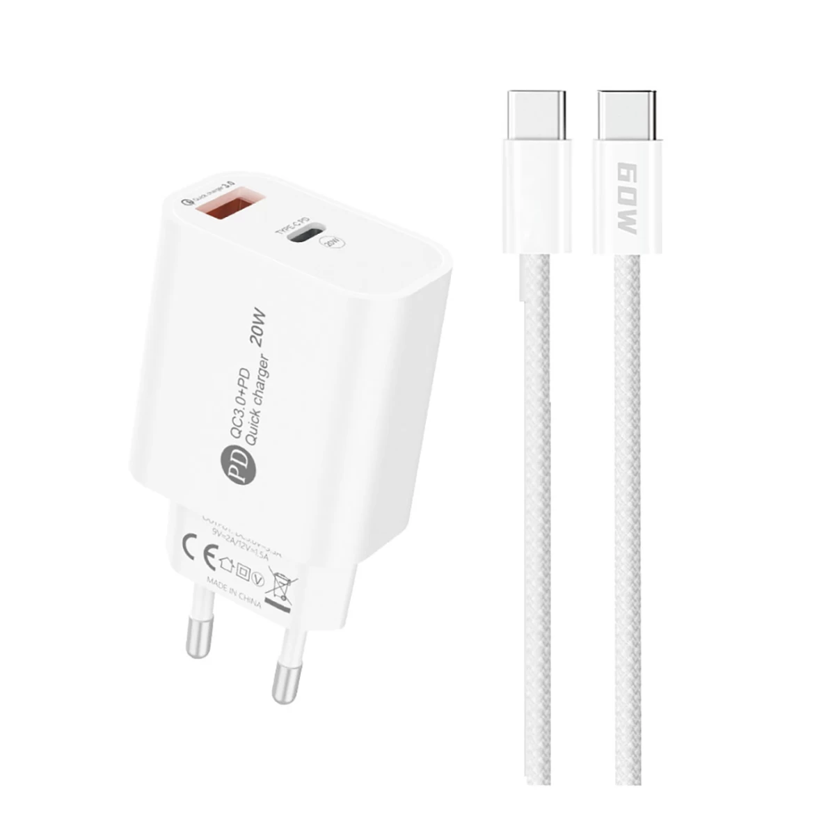20 W Usb-a Usb-c Tinklo įkroviklis Su 1 M Ilgio Usb-c Kabeliu - Baltas