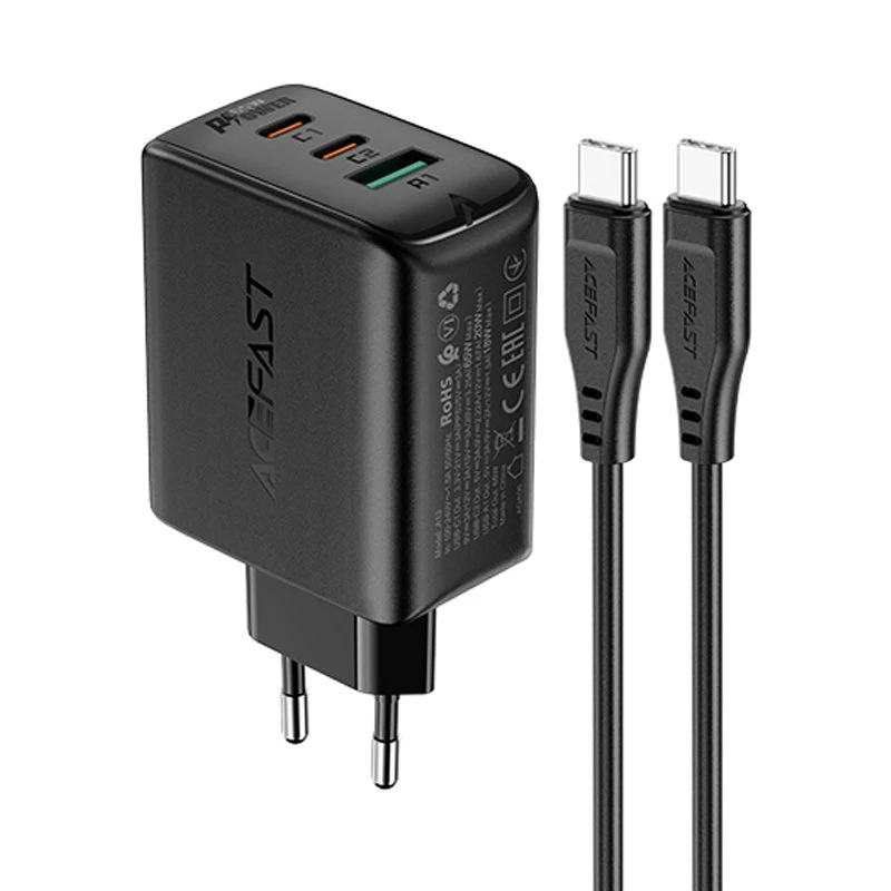 2in1 2x Usb-c Usb įkroviklis 65w + Usb-c Kabelis, Juodas