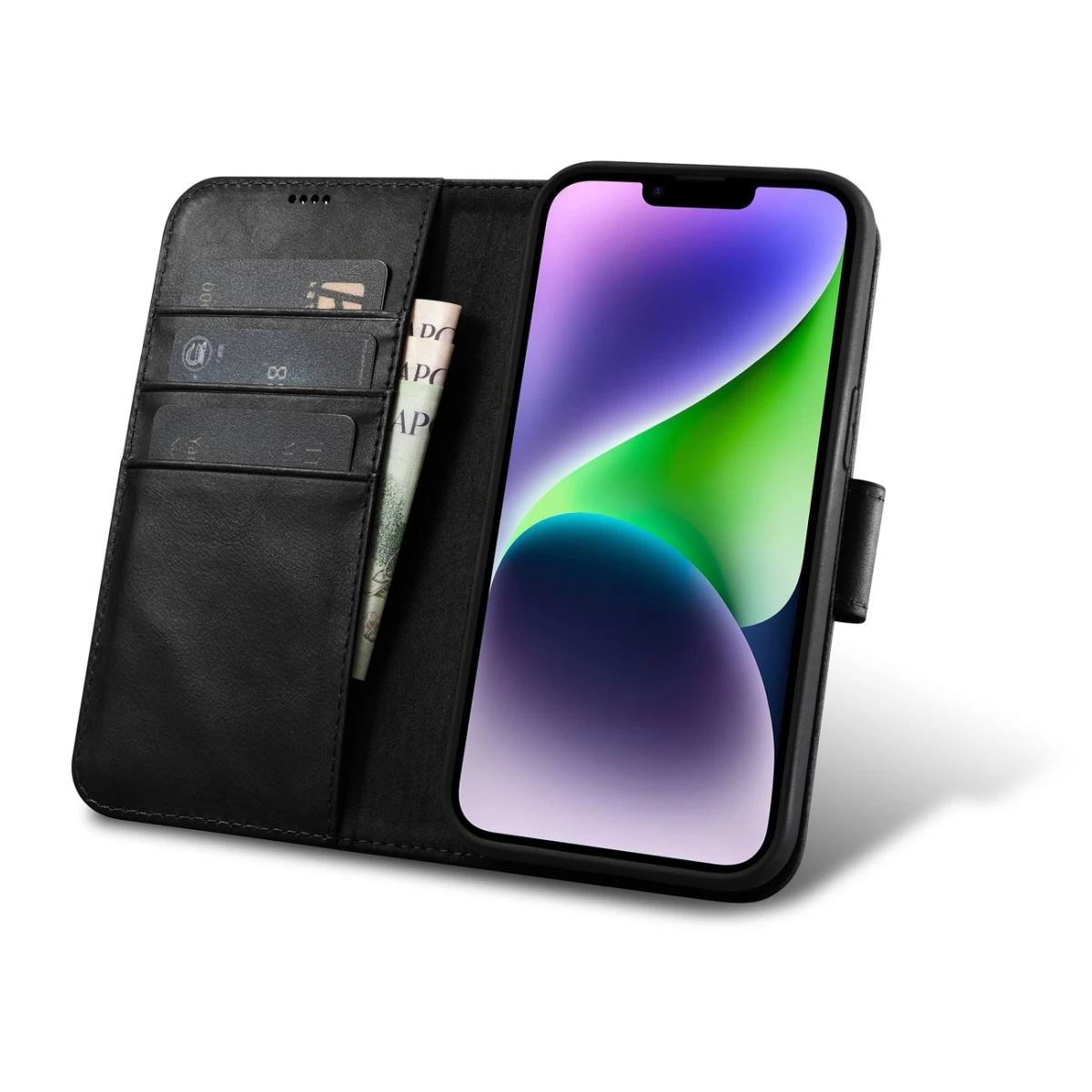 2in1 Odinis Dėklas Su Atlenkiamu Dangteliu Iphone 14 Anti-rfid Oil Wax Wallet Case Black