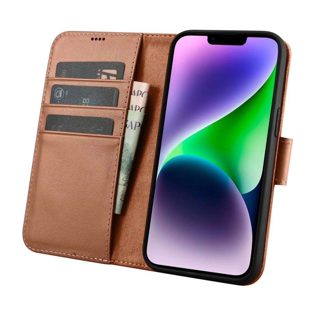 2in1 Odinis Dėklas Su Atlenkiamu Dangteliu Iphone 14 Plus Anti-rfid Piniginės Dėklas Rudas