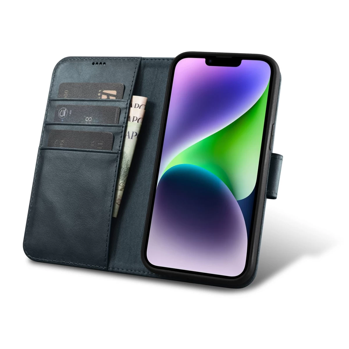 2in1 Odinis Dėklas Su Atverčiamu Dangteliu Iphone 14 Anti-rfid Oil Wax Wallet Case Blue