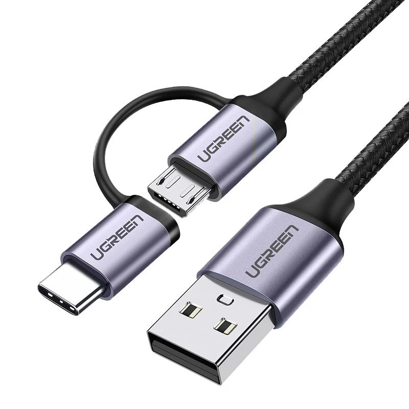 2in1 Stiprus Pintas Usb - Microusb + Usb-c 1m 2.4a Juodas Kabelis