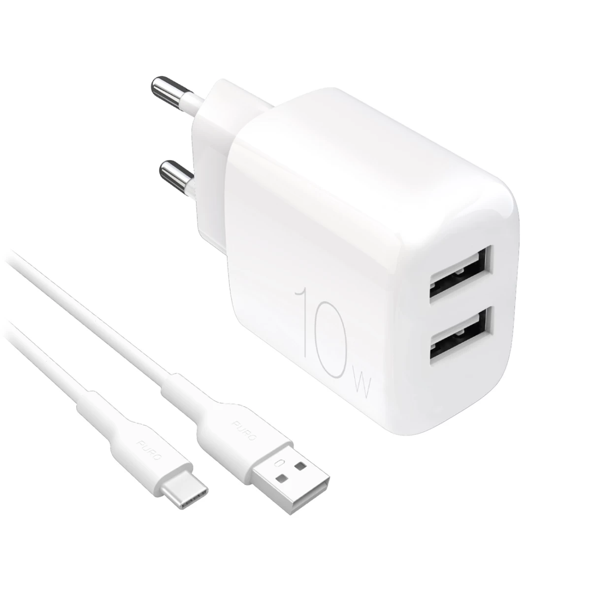 2x Usb-a Prolite 10 W Tinklo įkroviklis Su 1,2 M Ilgio Usb-a - Usb-c Kabeliu - Baltos Spalvos