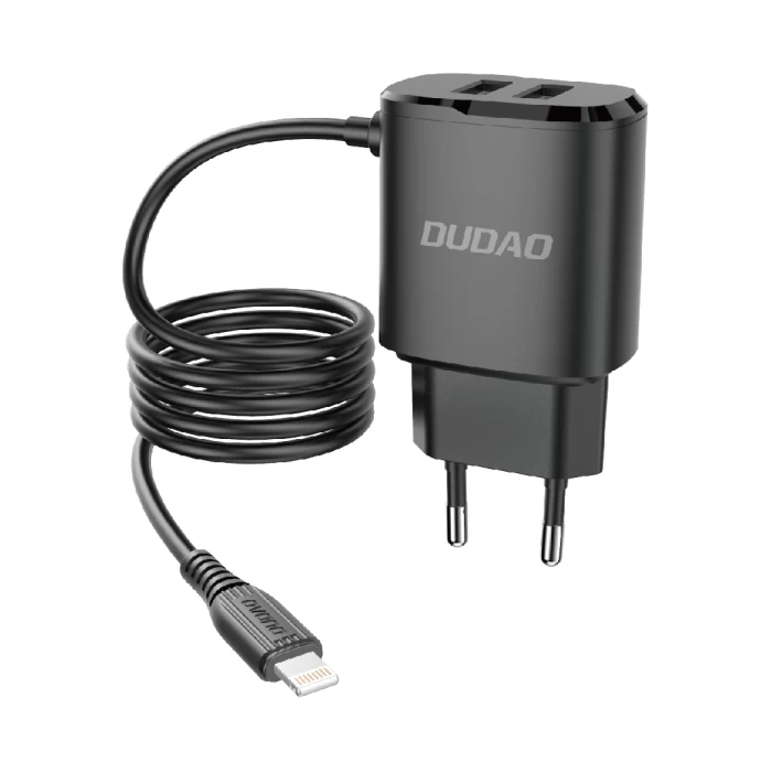 2x Usb Tinklo įkroviklis Su Integruotu Kabeliu iphone Lightning 12w, Juodas