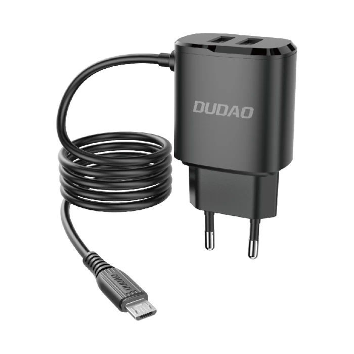 2x Usb Tinklo įkroviklis Su Integruotu Mikro Usb Kabeliu 12 W, Juodas