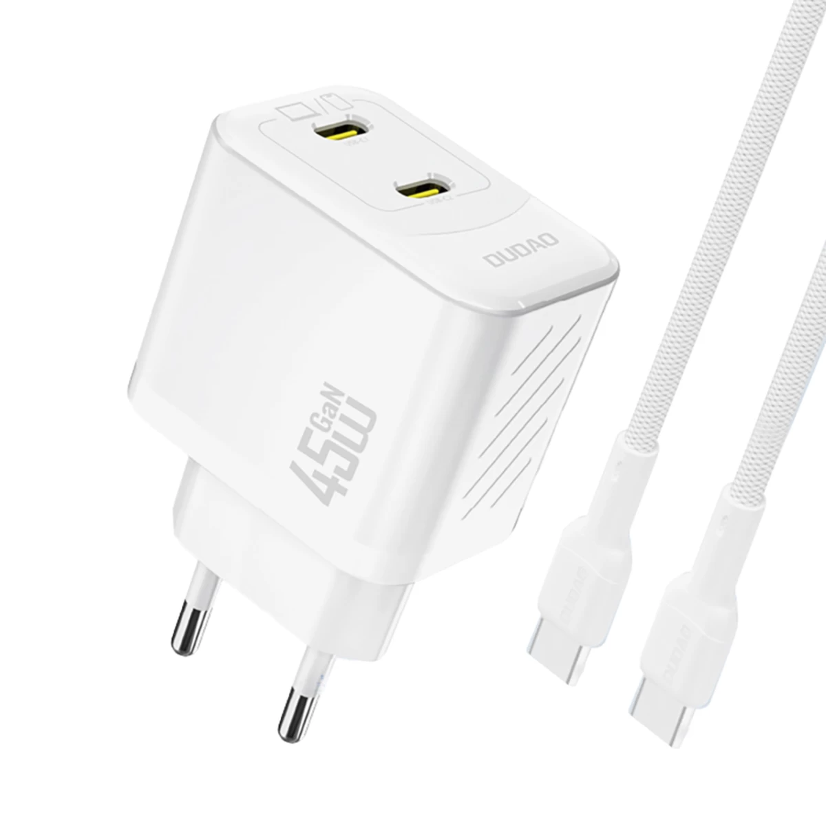 2xusb-c Tinklo įkroviklis Su Usb-c Gan Pd 45w Kabeliu - Baltas