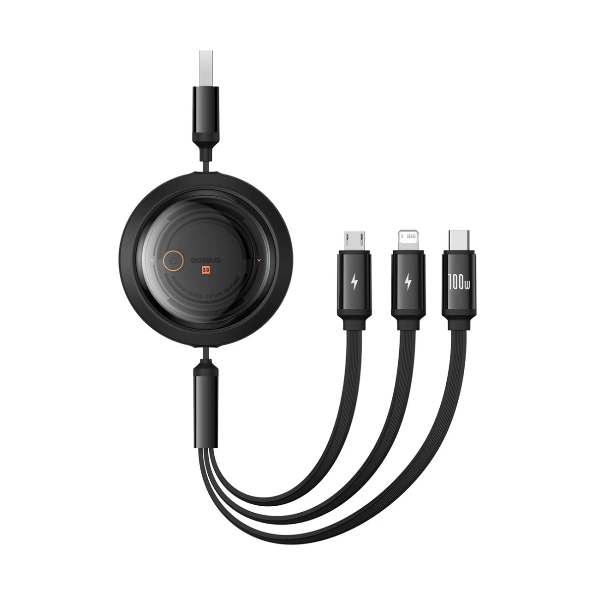 3-in-1 Usb-a - Microusb/lightning/usb-c Ištraukiamas Kabelis 100w 1,1 M - Juodas