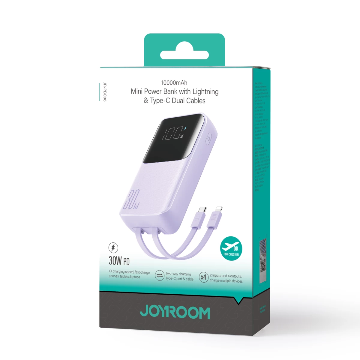 30w 10000mah powerbank Su Integruotu iphone Lightning Ir Usb-c Kabeliu, Violetinės Spalvos