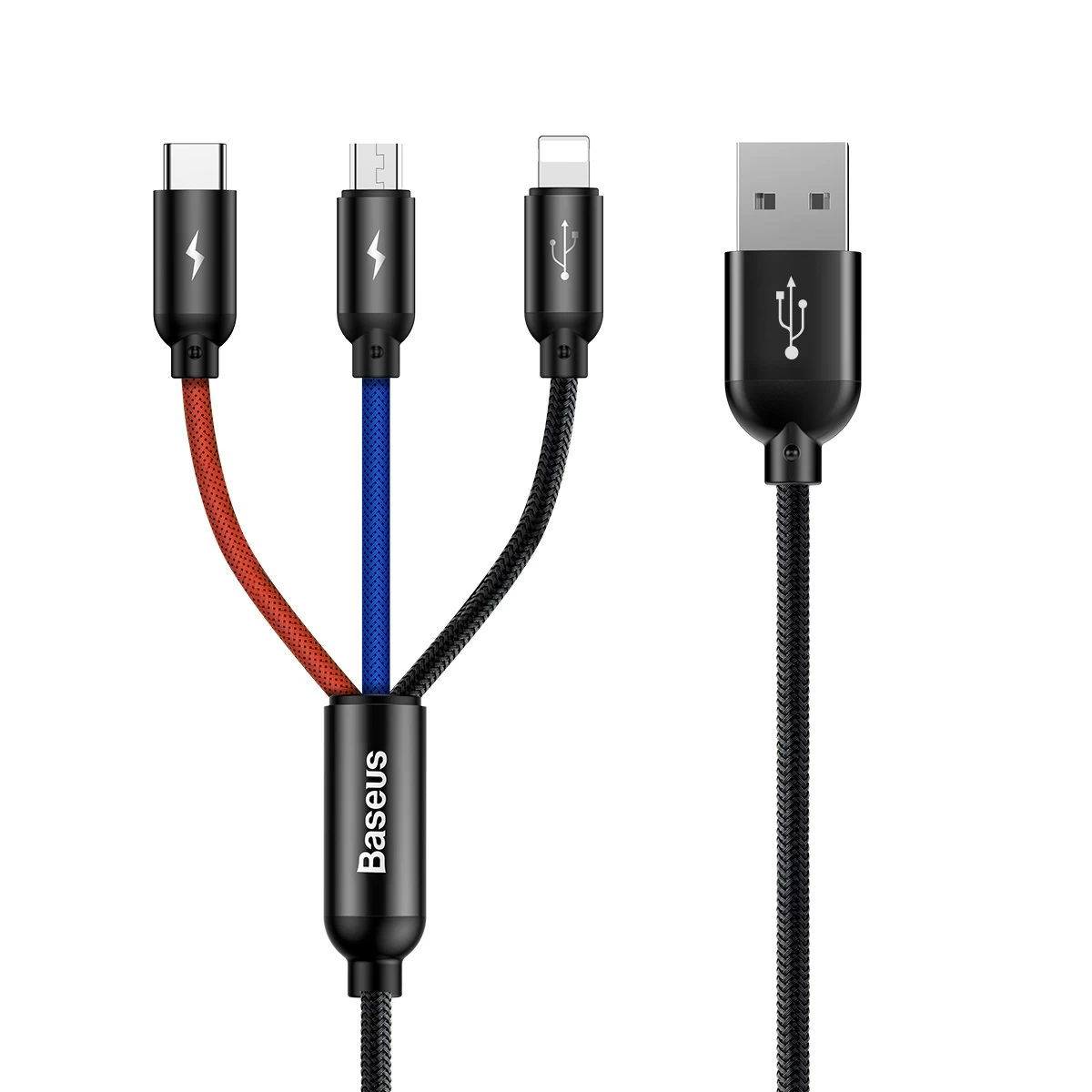 3in1 Kabelis Usb-a - Micro Usb / Iphone Lightning / Usb-c 3,5a 0,3 M - Juodas
