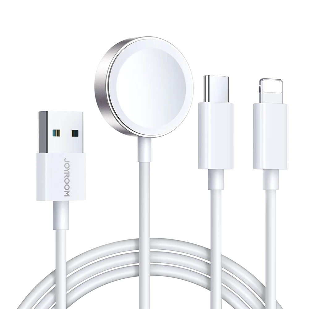 3in1 Kabelis Usb-a Su Indukciniu įkrovikliu + 1x Iphone Lightning + 1x Usb-c 1,2 M Baltas