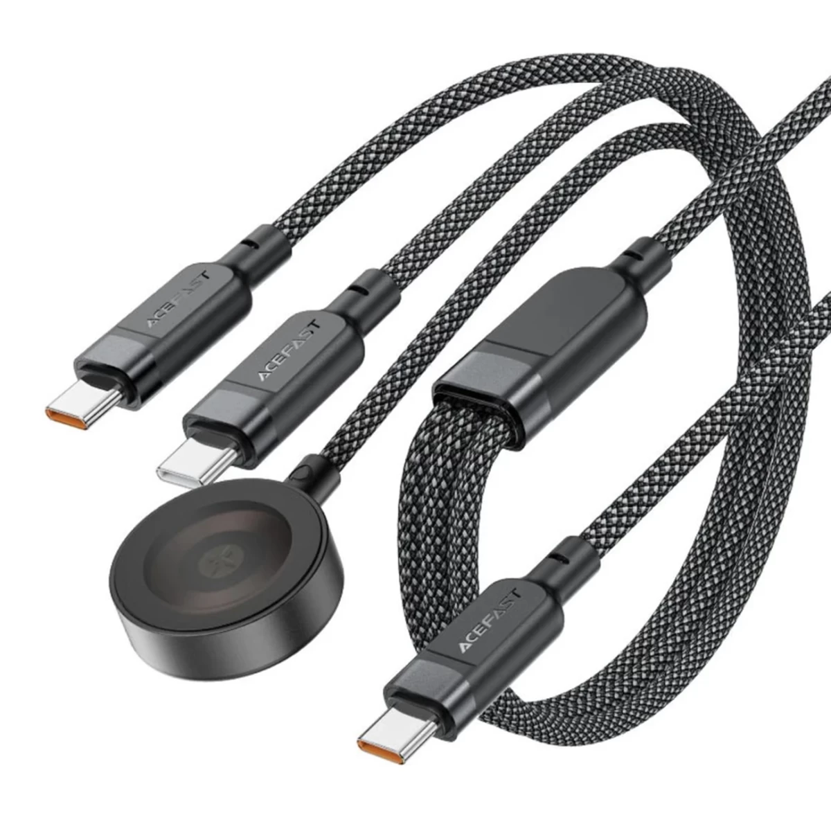 3in1 Kabelis Usb-c - 2x Usb-c Kabelis / Apple Watch Qi įkroviklis 480mb/s 100w 1,2 M - Juodas