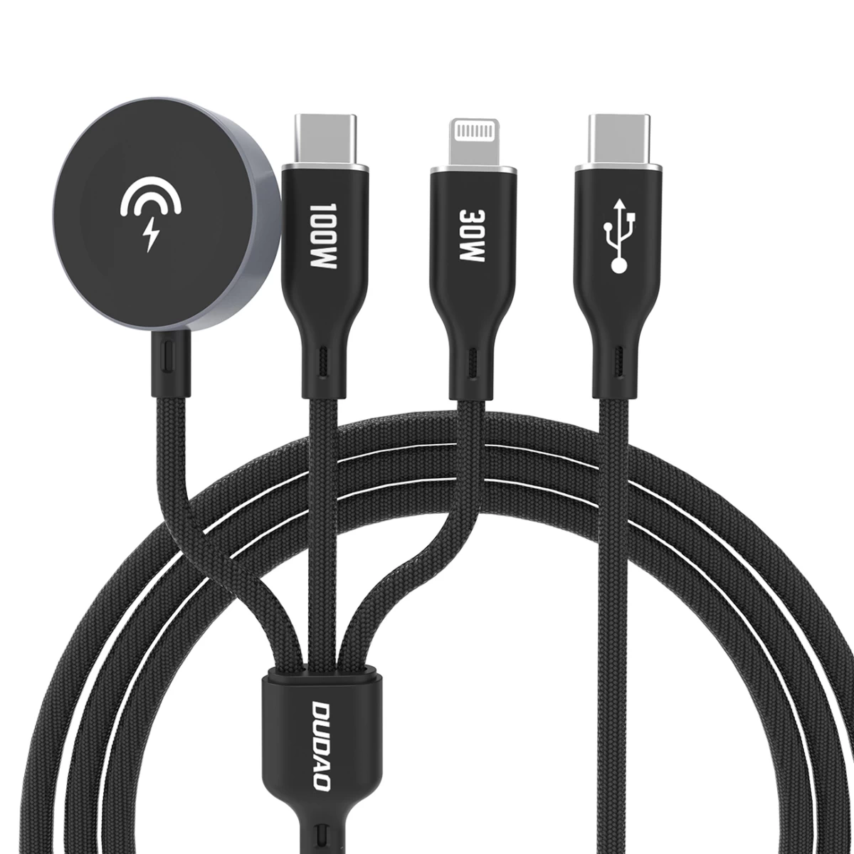 3in1 Kabelis Usb-c - Usb-c / Iphone Lightning / įkroviklis Apple Watch Pd 100w 1,2 M - Juodas