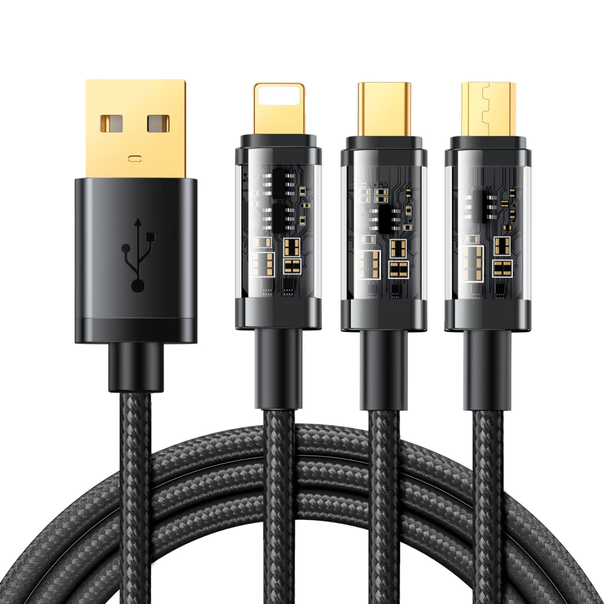 3in1 Kabelis Usb - Usb-c / Lightning / Micro Usb 3,5 A 1,2 M Juodas