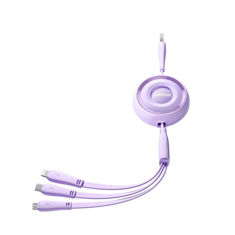 3in1 Spalvingos Serijos Usb-a į Usb-c / Iphone Lightning / Microusb Ištraukiamas Kabelis 1 M Violetinės Spalvos 3in1 Spalvingos Serijos Usb-a į Usb-c / Iphone Lightning / Microusb Ištraukiamas Kabelis 1 M Violetinės Spalvos