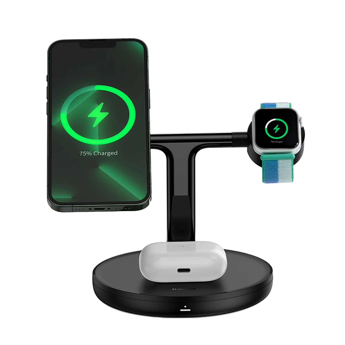 3in1 Stovas Indukcinis įkroviklis Iphone Apple Watch Airpods + Usb-c Laidas 1 M Juodas