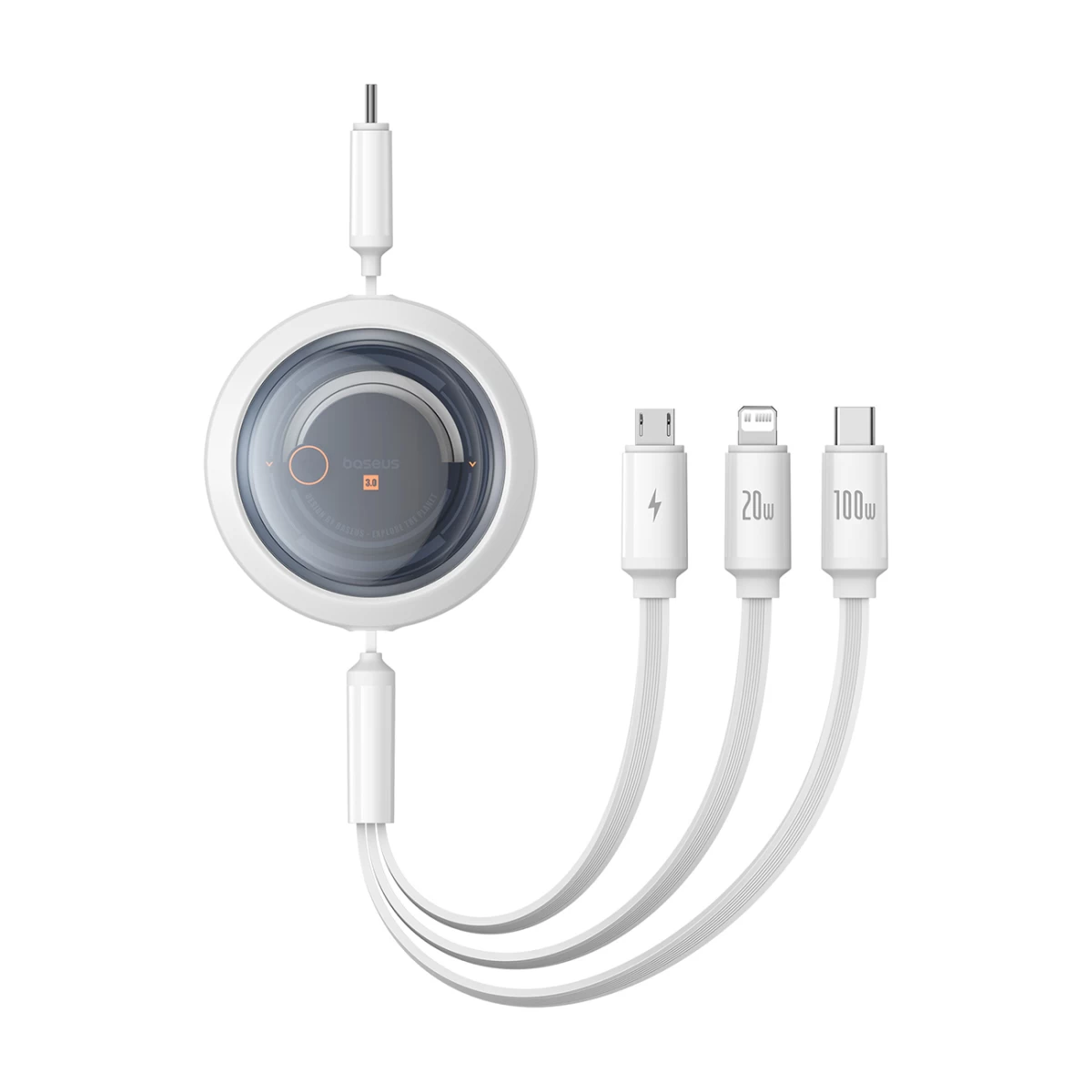 3in1 Universalus Suvyniojamas Usb-c - Lightning / Usb-c / Micro Usb 100w 1,1 M - Baltas