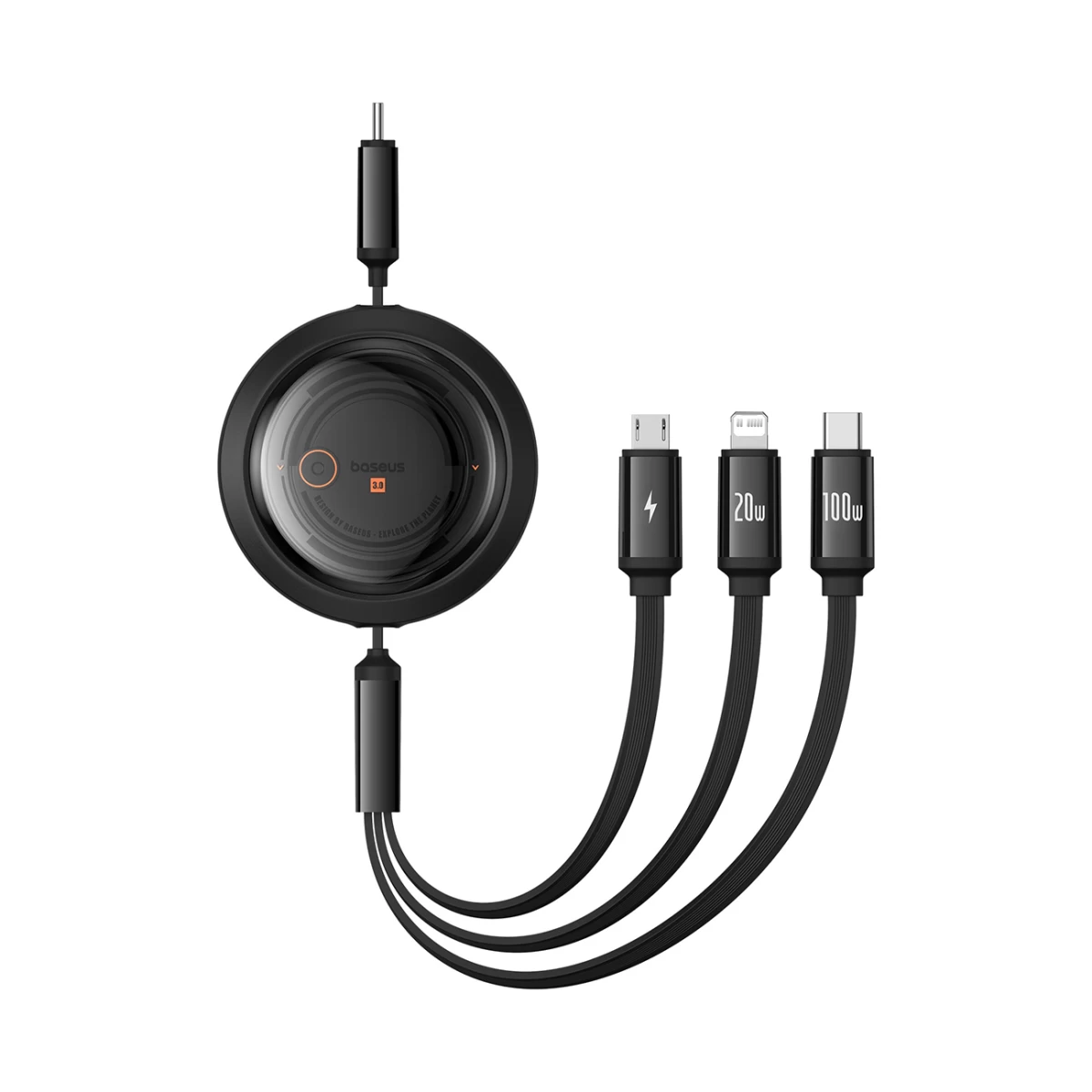3in1 Universalus Suvyniojamas Usb-c - Lightning / Usb-c / Micro Usb 100w 1,1 M - Juodas
