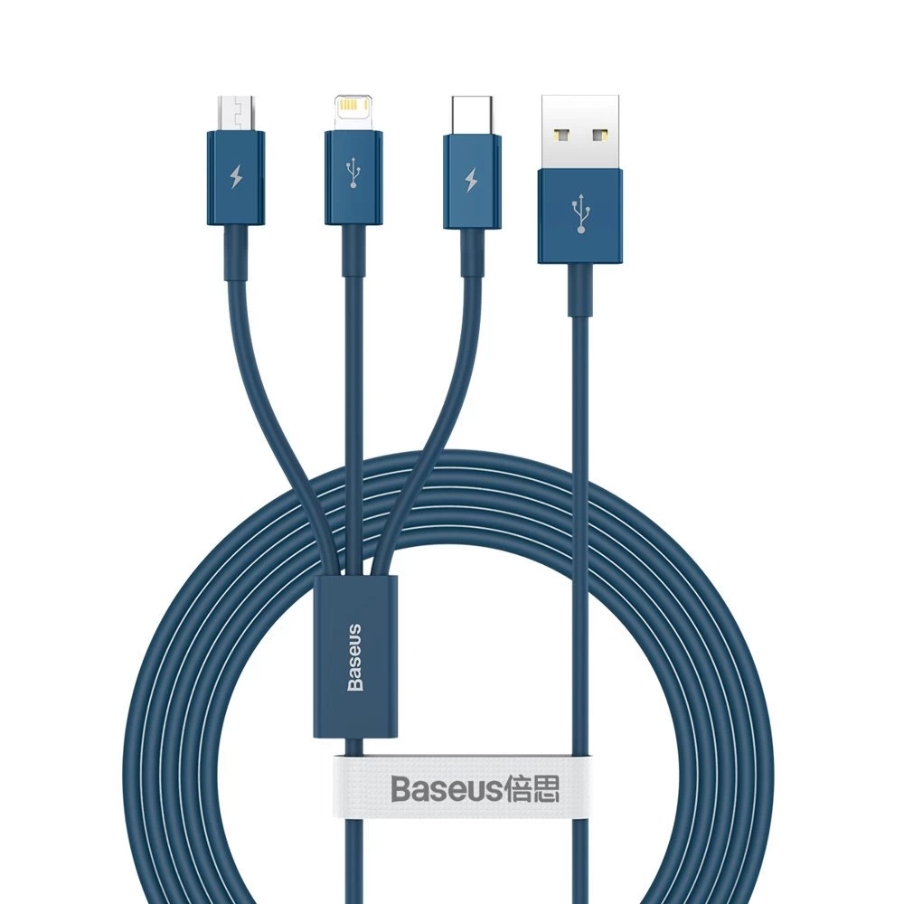 3in1 Universalus Usb Kabelis - Lightning / Usb-c / Micro Usb 3,5a 1,5 M Mėlynas