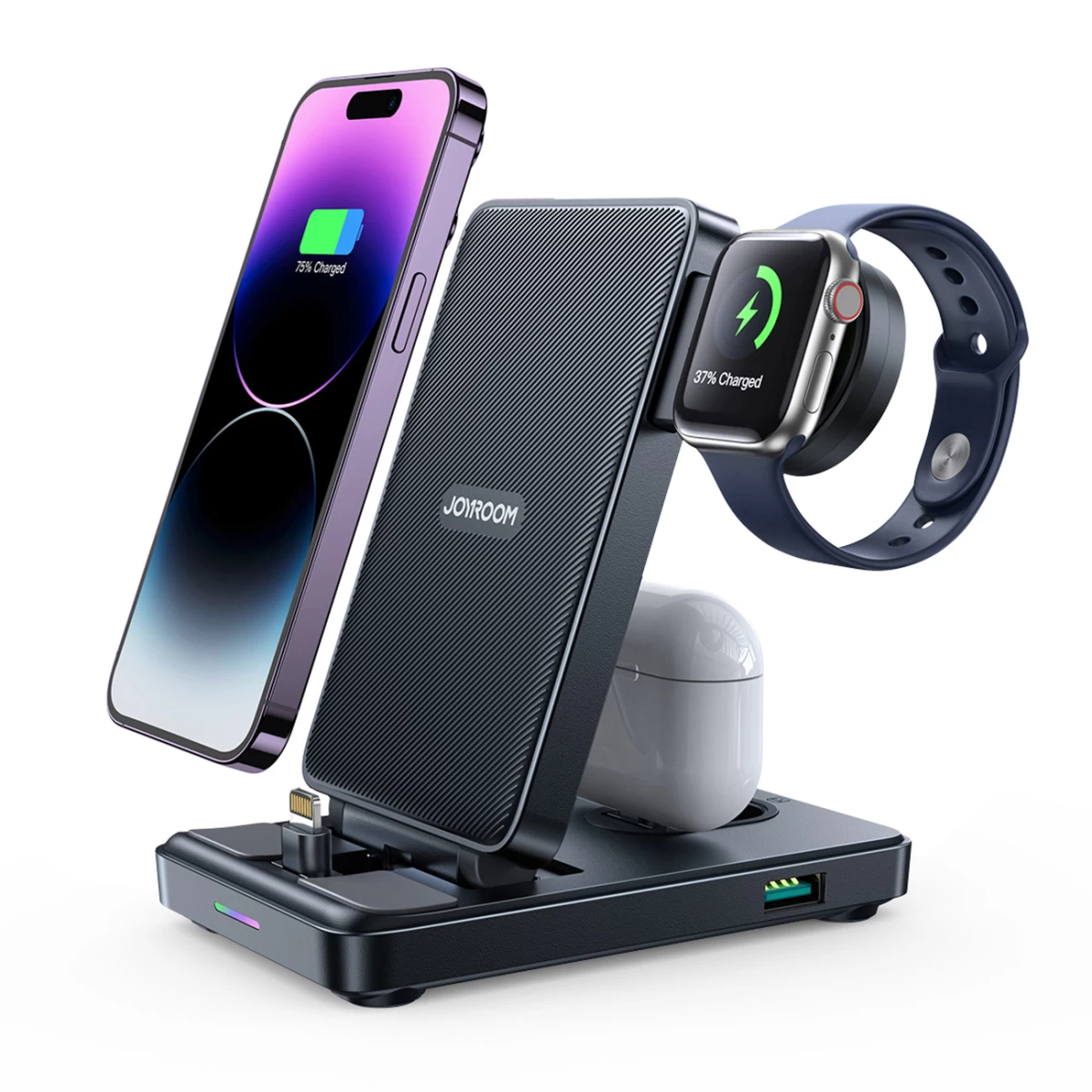 4-in-1 įkrovimo Stotelė iphone Airpods apple Watch Usb-a Sulankstoma Juoda
