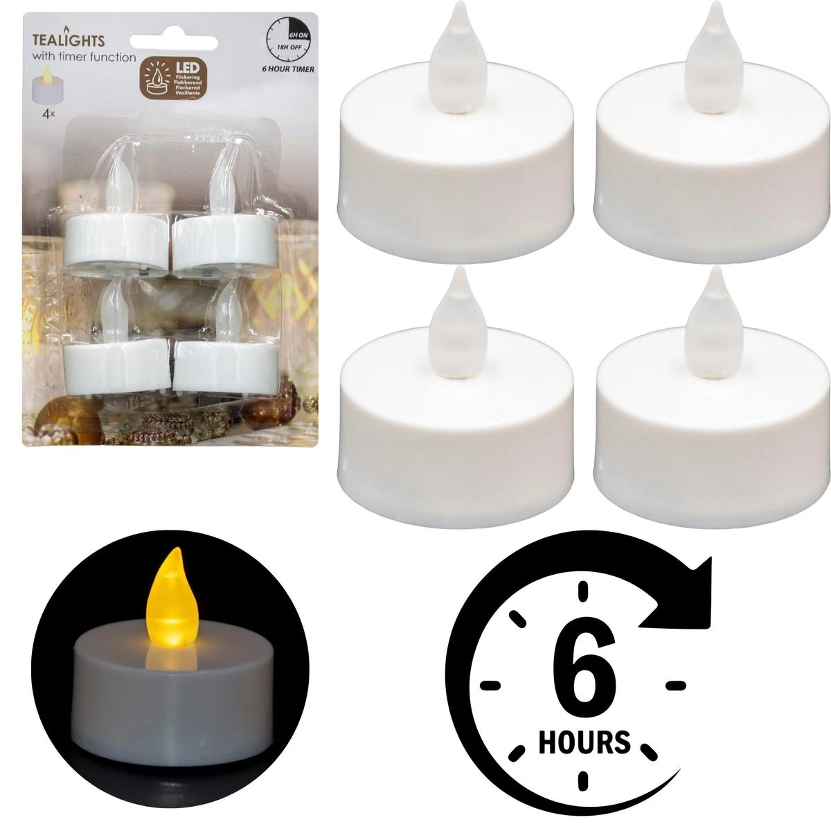 4 Led „tea Light“ žvakių Rinkinys Su Laikmatiu, Balta