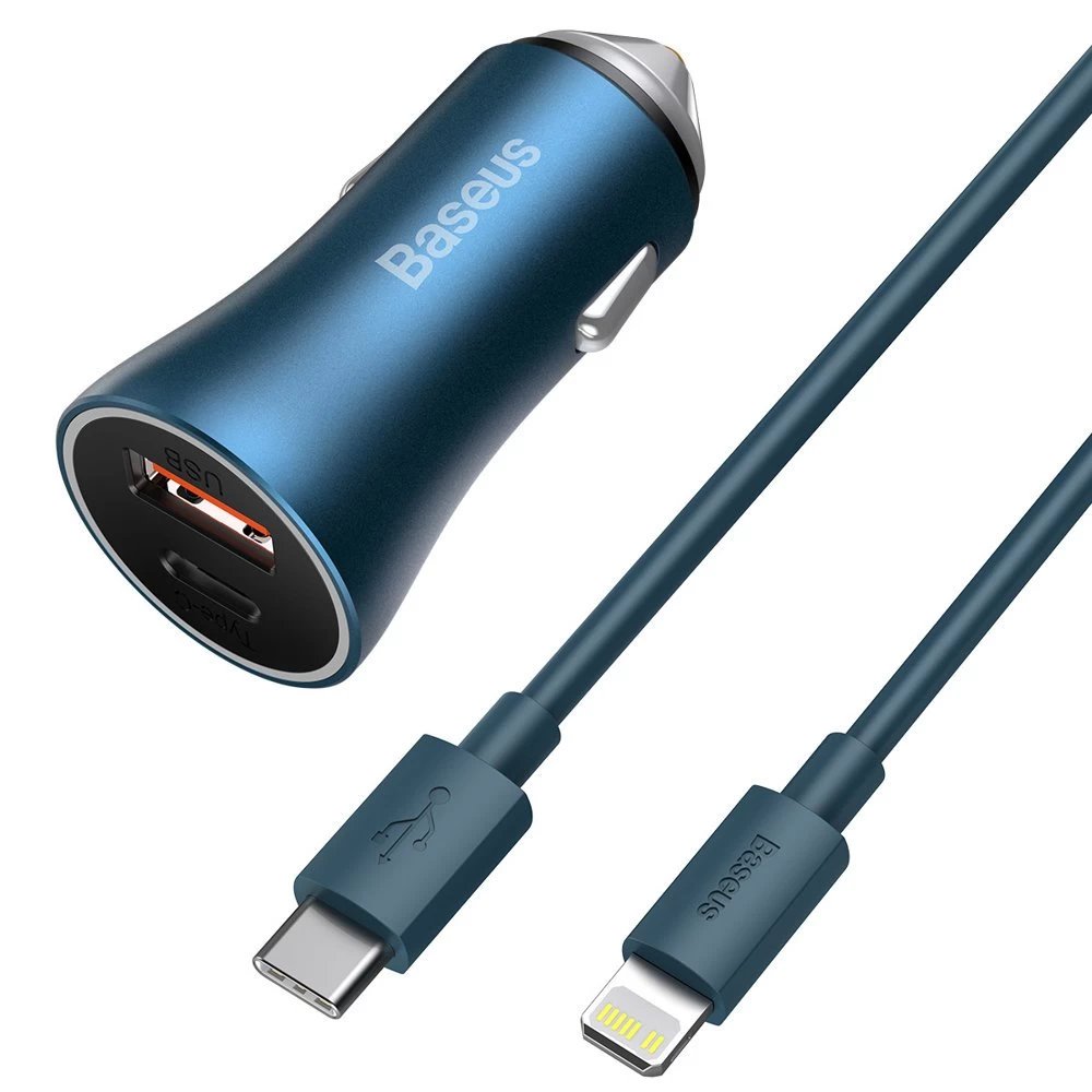 40w Pd Qc Usb-c / Usb Greitasis Automobilinis įkroviklis + iphone Kabelis Mėlynas