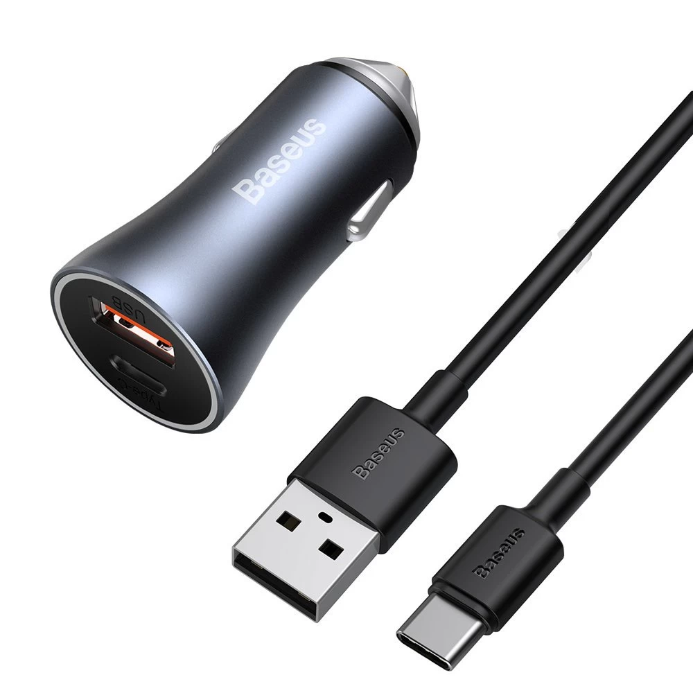 40w Pd Qc Usb-c / Usb Greitasis Automobilinis įkroviklis + Usb-c Kabelis Pilkos Spalvos