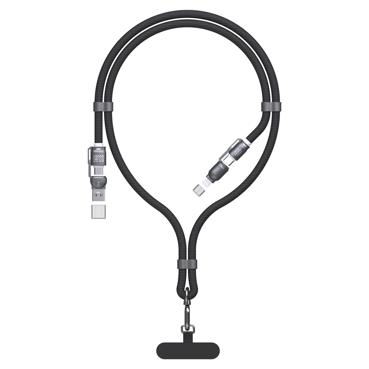 4in1 Lanyard Kabelis Usb-a / Usb-c / Iphone Lightning Pd Qc 65w 1,5 M - Juodas