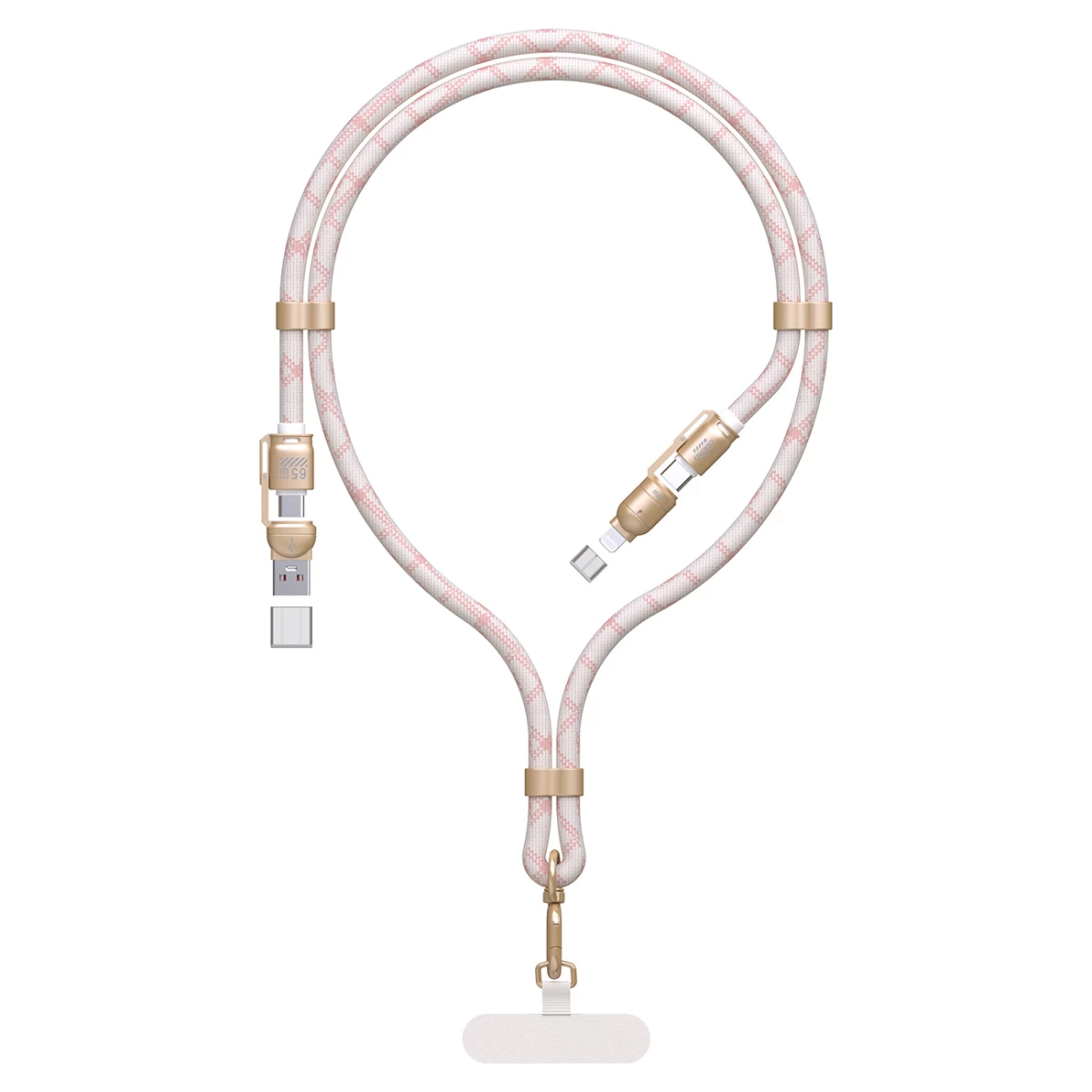 4in1 Lanyard Kabelis Usb-a / Usb-c / Iphone Lightning Pd Qc 65w 1,5 M - Rožinis
