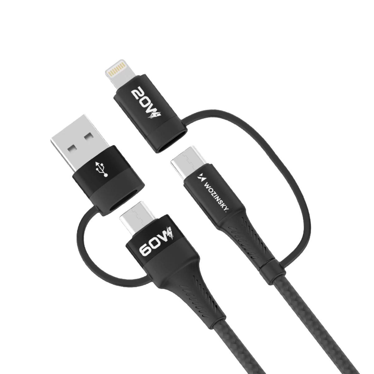 4in1 Universalus Kabelis 2x Usb-c 1x Usb-a 1x Lightning 60w 1m Juodas