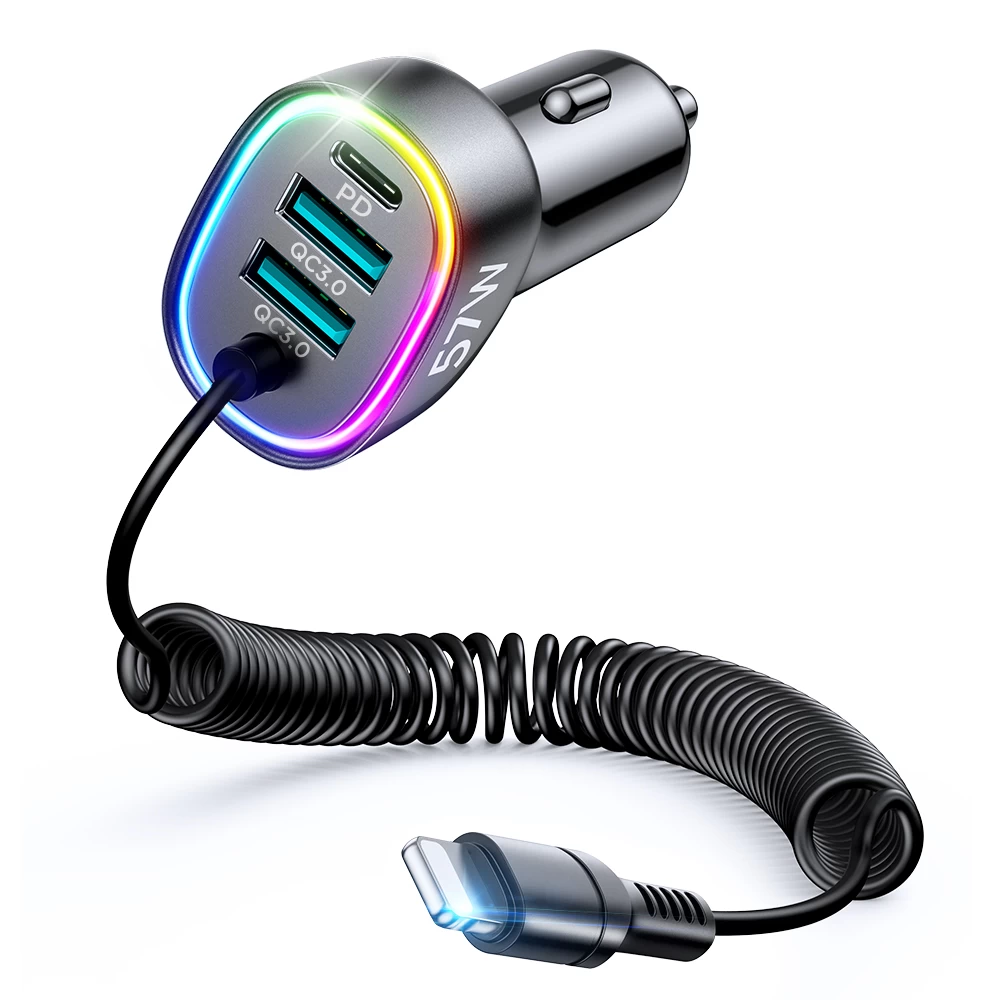 4in1 Usb-c Pd 2x Usb Qc3 Greitasis Automobilinis įkroviklis Su lightning Kabeliu 1,6 M 57 W Juodas 4in1 Usb-c Pd 2x Usb Qc3 Greitasis Automobilinis įkroviklis Su lightning Kabeliu 1,6 M 57 W Juodas