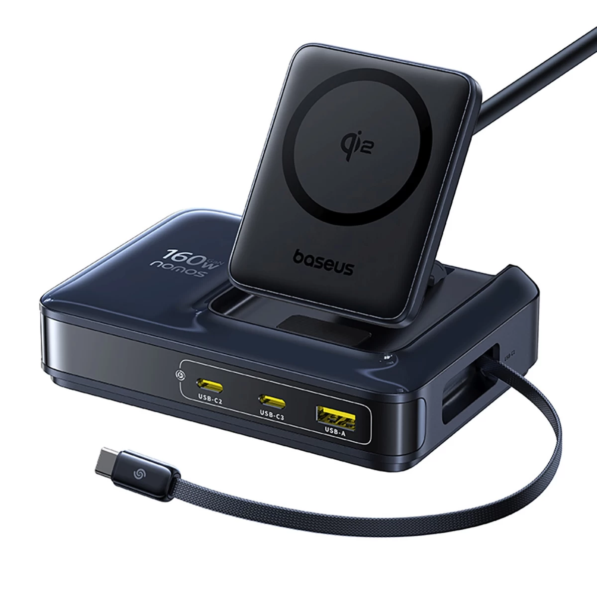 5-in-1 Usb-a Usb-c Belaidžio įkrovimo Stotelė Su qi2 160 W Ištraukiamu Kabeliu - Juoda