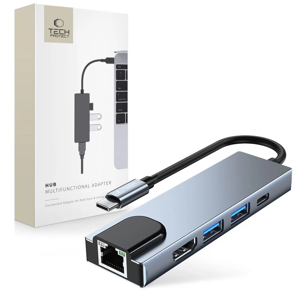 5-in1 Hub šakotuvas Usb-c į Usb-c Usb-a Hdmi Rj45 - Pilkas