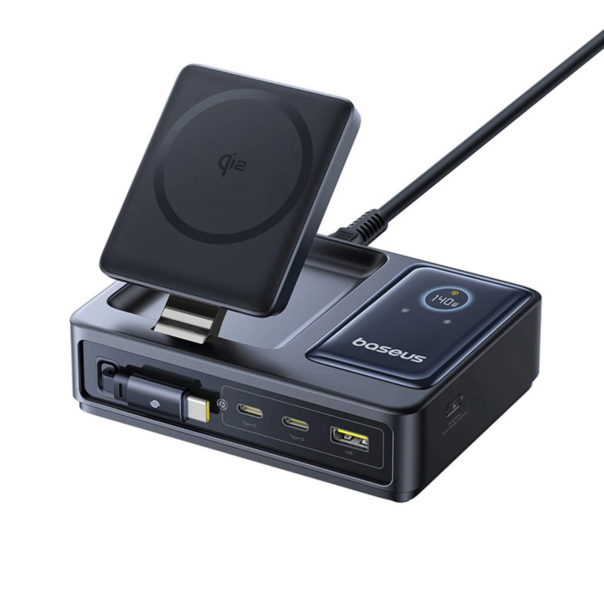 5in1 Usb-a Uab-c įkrovimo Stotelė Su Ekranu, Ištraukiamu Kabeliu 140w Qi2 - Juoda