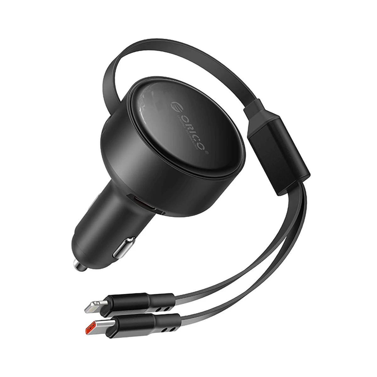 60 W Usb-c Automobilinis įkroviklis Su Susivyniojančiais Usb-c Ir „iphone Lightning“ Laidais – Juodas
