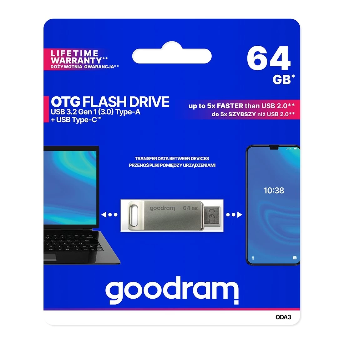 64 Gb Dvigubas Usb 3.2 + Usb-c Otg Oda3 Sidabrinės Spalvos Atmintinė