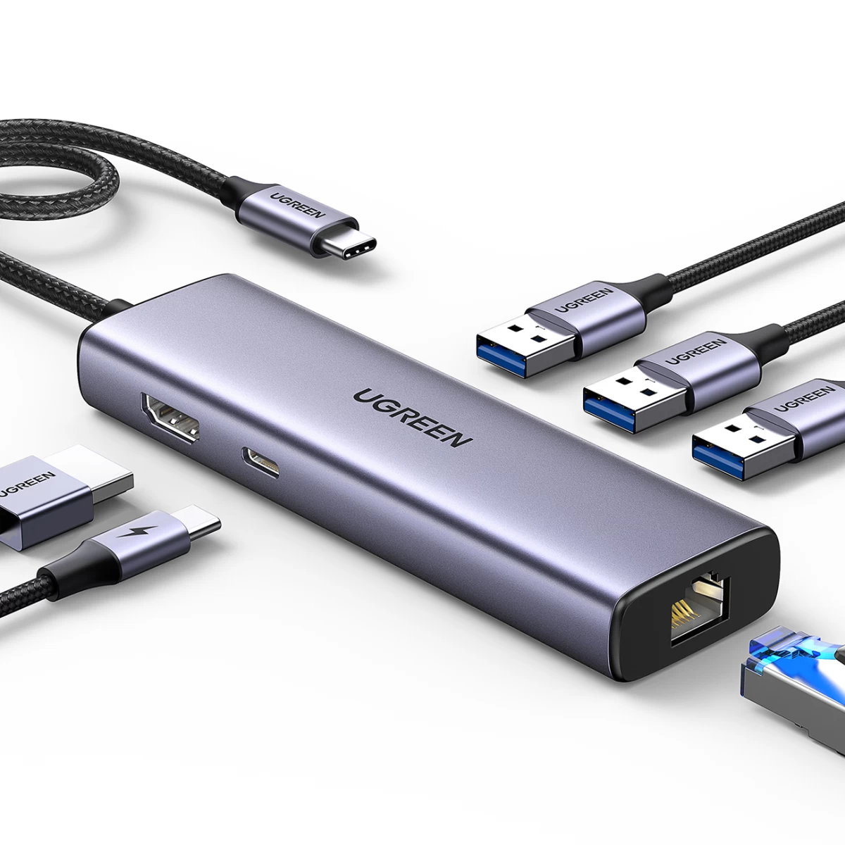 6in1 Hub Adapteris Usb-c - 3x Usb-a 3.0 / Hdmi / Rj45 / Usb-c Pd - Pilkas 6in1 Hub Adapteris Usb-c - 3x Usb-a 3.0 / Hdmi / Rj45 / Usb-c Pd - Pilkas