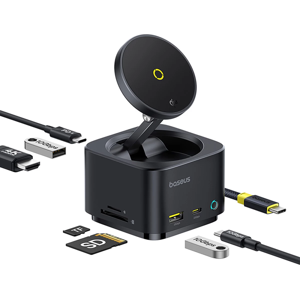 7in1 Hub'as Su Belaidžiu įkrovikliu Hdmi Usb-a Usb-c Sd Tf Magsafe 15w - Juodas