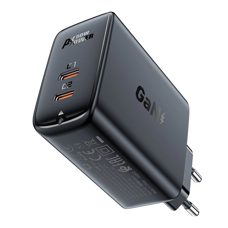 A29 Gan Dviejų Prievadų Usb-c Pd 50w Tinklo įkroviklis, Juodas