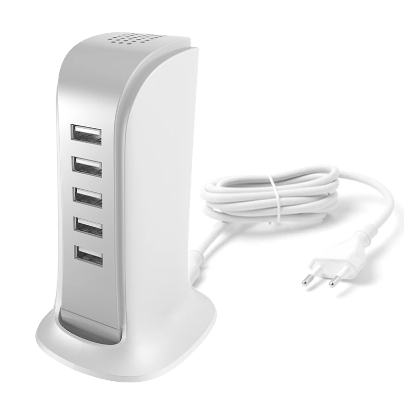 A5eu įkroviklis Penkiems įrenginiams 5x Usb Su Integruotu Maitinimo Kabeliu, Baltos Spalvos