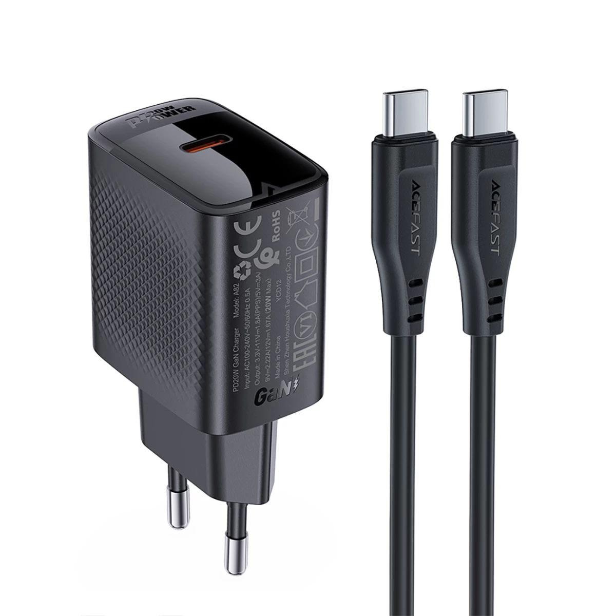 A82 Gan Usb-c Pd 20w Tinklo įkroviklis - Juodas + Usb-c / Usb-c Kabelis