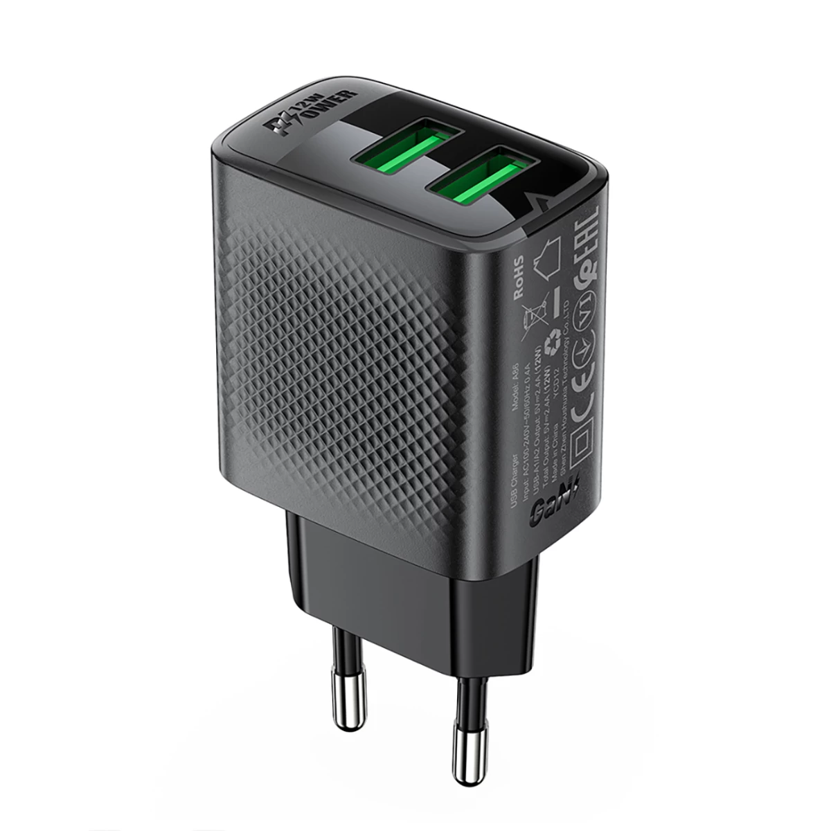 A86 2x Usb-a 12w Tinklo įkroviklis - Juodas